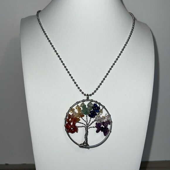 Hand Wired Tree Of Life Pendant Necklace Women’s Natural Crystal Quartz Stone - Picture 1 of 6